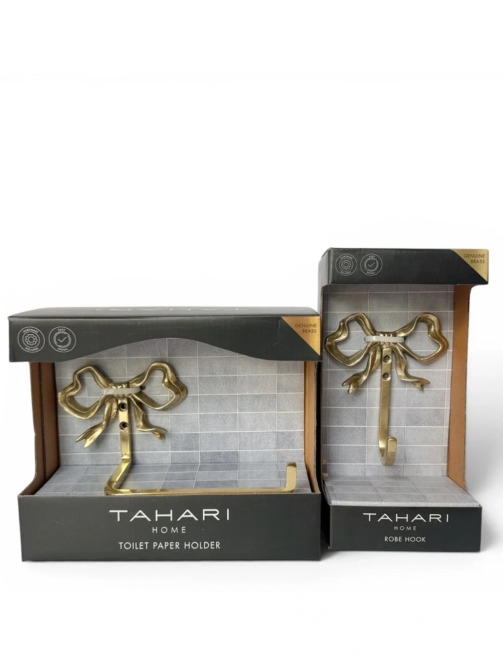 TAHARI Brass Ribbon Bow Bathroom Toilet Paper Roll Holder Wall Mount & Hook NEW